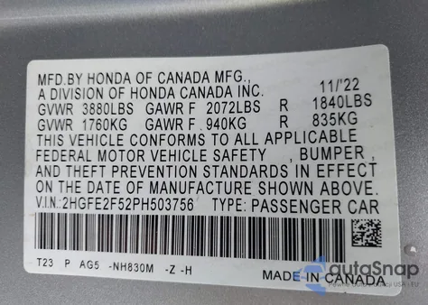 2023 Honda Civic Sport z USA, uszkodzony, nr VIN 2HGFE2F52PH503756